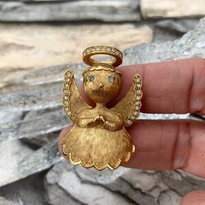 Vintage Signed Act II Angel Halo Rhinestones Gold Brooch Christmas Holiday Pin